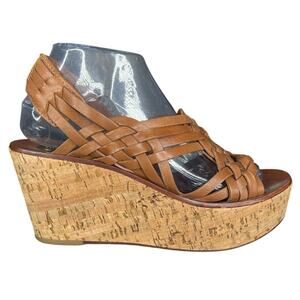 Tory Burch Women’s Killian Brown Leather Woven Wedge Sandals Size US 7.5